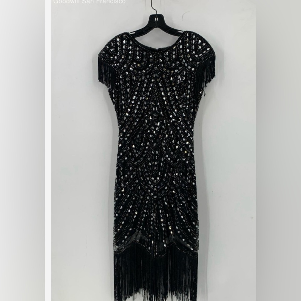 Fundaisy Womens Black Short Sleeve Sequin Fringe Cocktail Sheath Dress Large - Picture 2 of 4